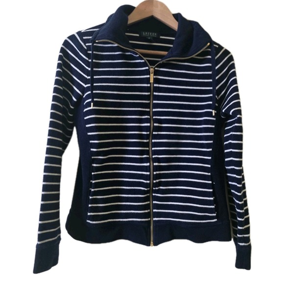 Lauren Ralph Lauren Navy‎ Ivory Stripe Zip Sweater Jacket Cotton Medium - Picture 1 of 7